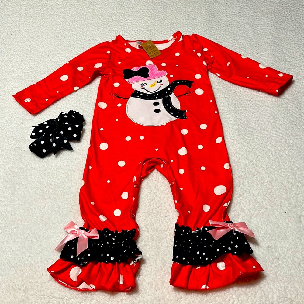Boutique Girls 1-Piece Snowman Outfit with Headband Bow, NEW, Size 12-18 Months